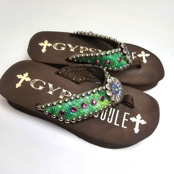 Gypsy Soule Bling Beaded Flower Snake Platform Western Flair Flip Flop Size 8.5 - Picture 2 of 9